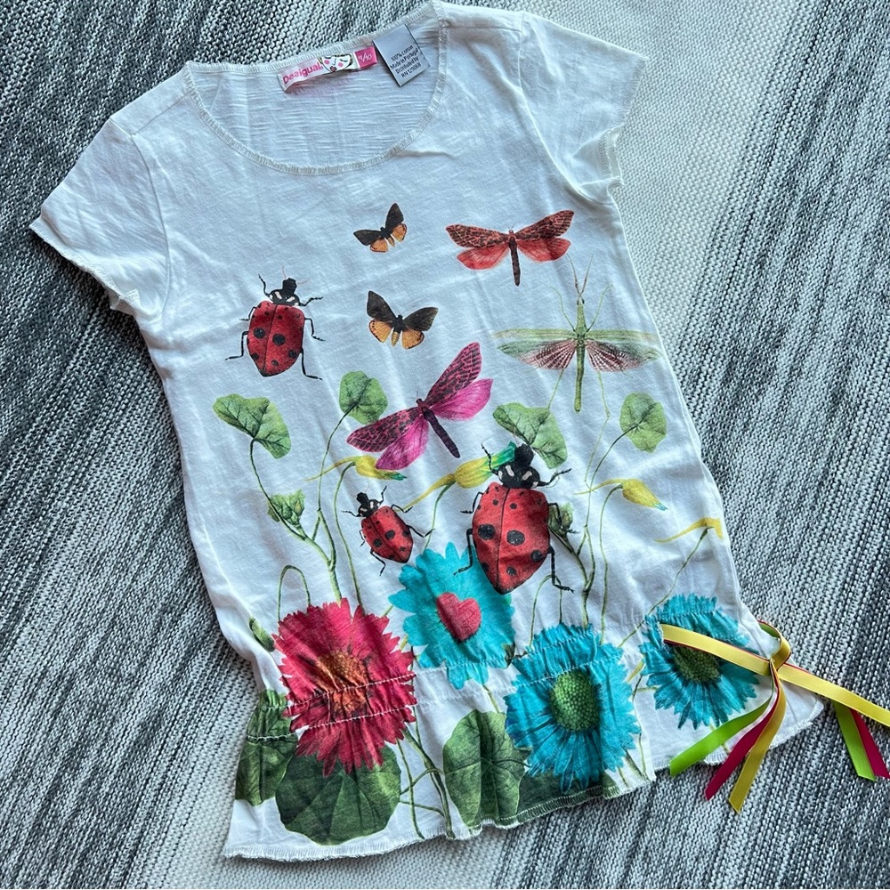 Desigual white T-shirt, insects and flowers, 9/10